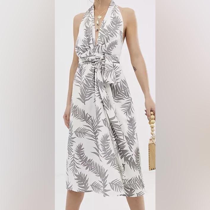 Asos Palm Print Halter Backless Midi Dress - Size 10